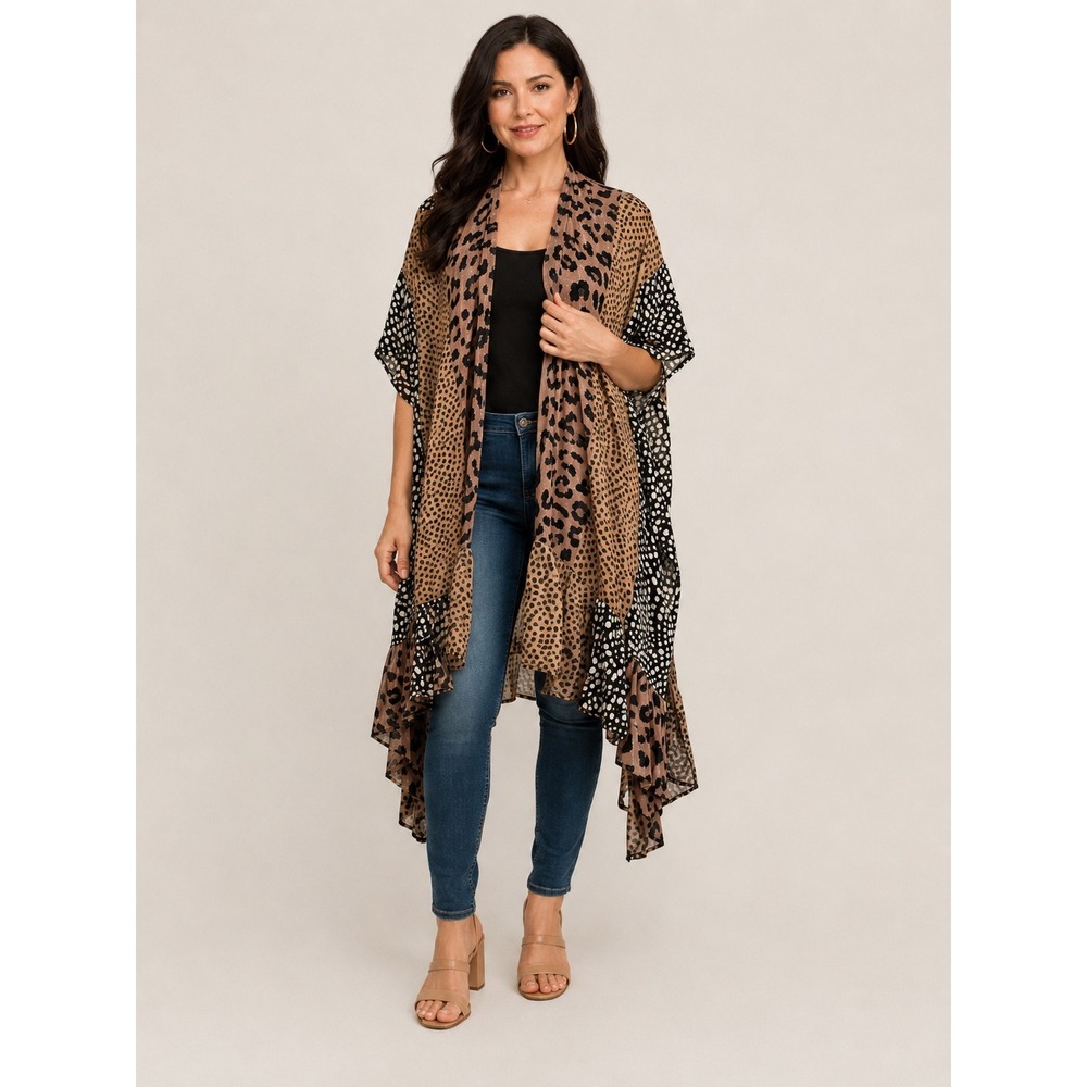 Umgee Womens Leopard Patchwork Ruffle Kimono Wrap Brown Black SM